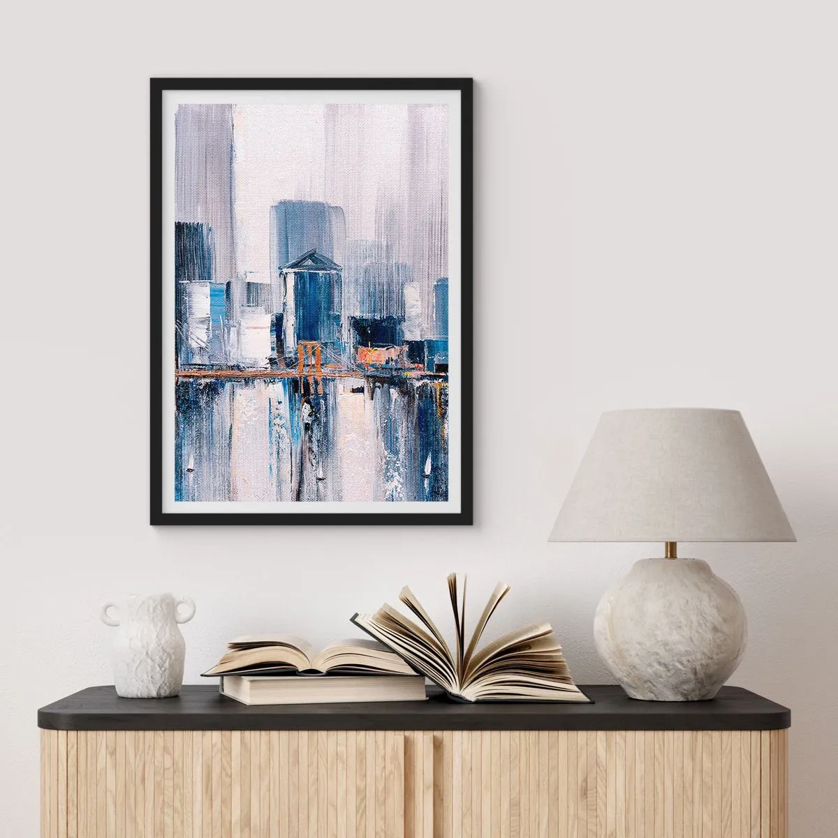 Affisch i svart ram - Abstrakt stadspanorama i nyanser av blått och vitt - 50x70cm - New York-impression - Modern väggdekoration för vardagsrum och sovrum ARTTOR
