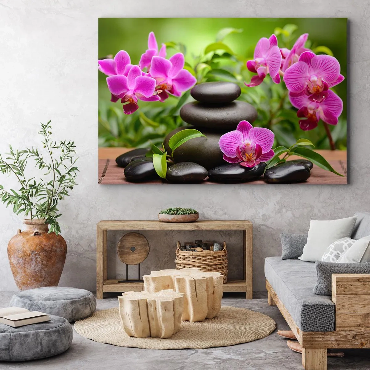 Canvastavla - Bild på duk - Rosa orkidéer med stenar på en grön bakgrund - 70x50cm - Lugnets pyramid - Modern väggdekoration för vardagsrum och sovrum ARTTOR