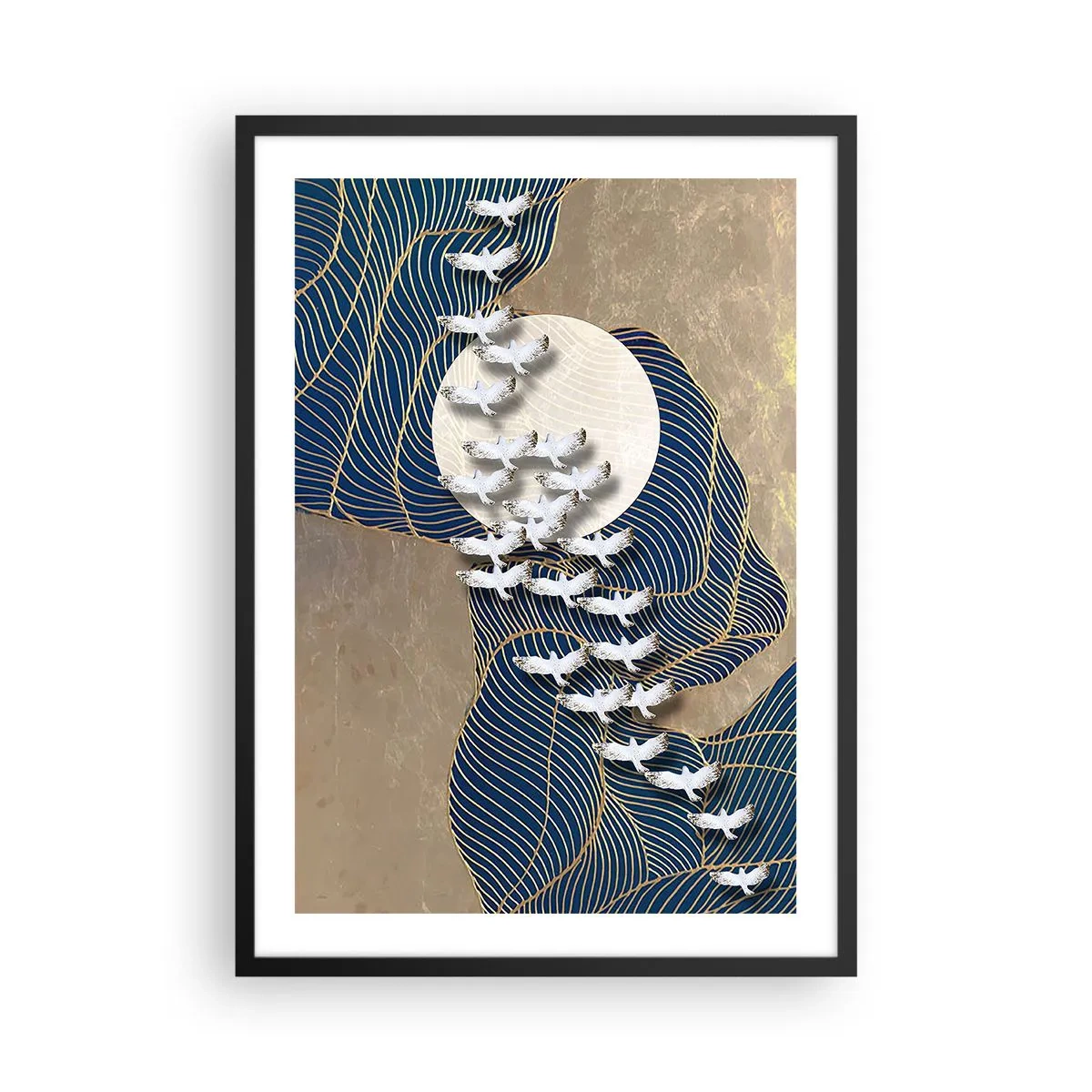 Affisch i svart ram - Abstrakt komposition med fåglar och månen i gyllene toner - 50x70cm - Frihet, vandring, gemenskap - Modern väggdekoration för vardagsrum och sovrum ARTTOR