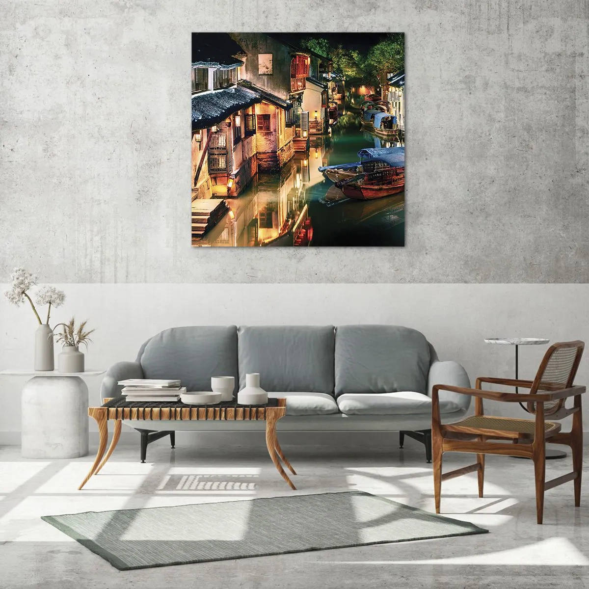 Glastavla - Bild på glas - En kväll på kinesisk gata - 70x70 cm