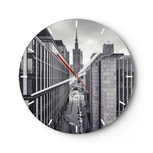 Väggklocka - Klocka på glas - Stadspanorama med modern arkitektur - 30x30cm - Warszawadalen - Modern väggdekoration för vardagsrum, kök och sovrum ARTTOR