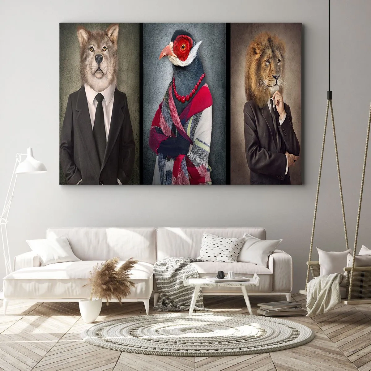 Canvastavla - Bild på duk - Stiliserade porträtt av en varg, en fasan och ett lejon i eleganta kläder - 70x50cm - Vad gör jag här?! - Modern väggdekoration för vardagsrum och sovrum ARTTOR