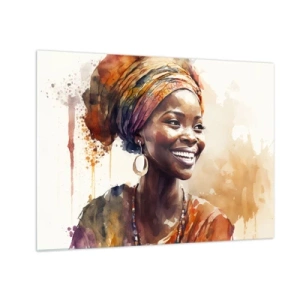 Glastavla - Bild på glas - Akvarellporträtt av en leende kvinna i turban - 70x50cm - Afrikansk drottning - Modern väggdekoration för vardagsrum och sovrum ARTTOR
