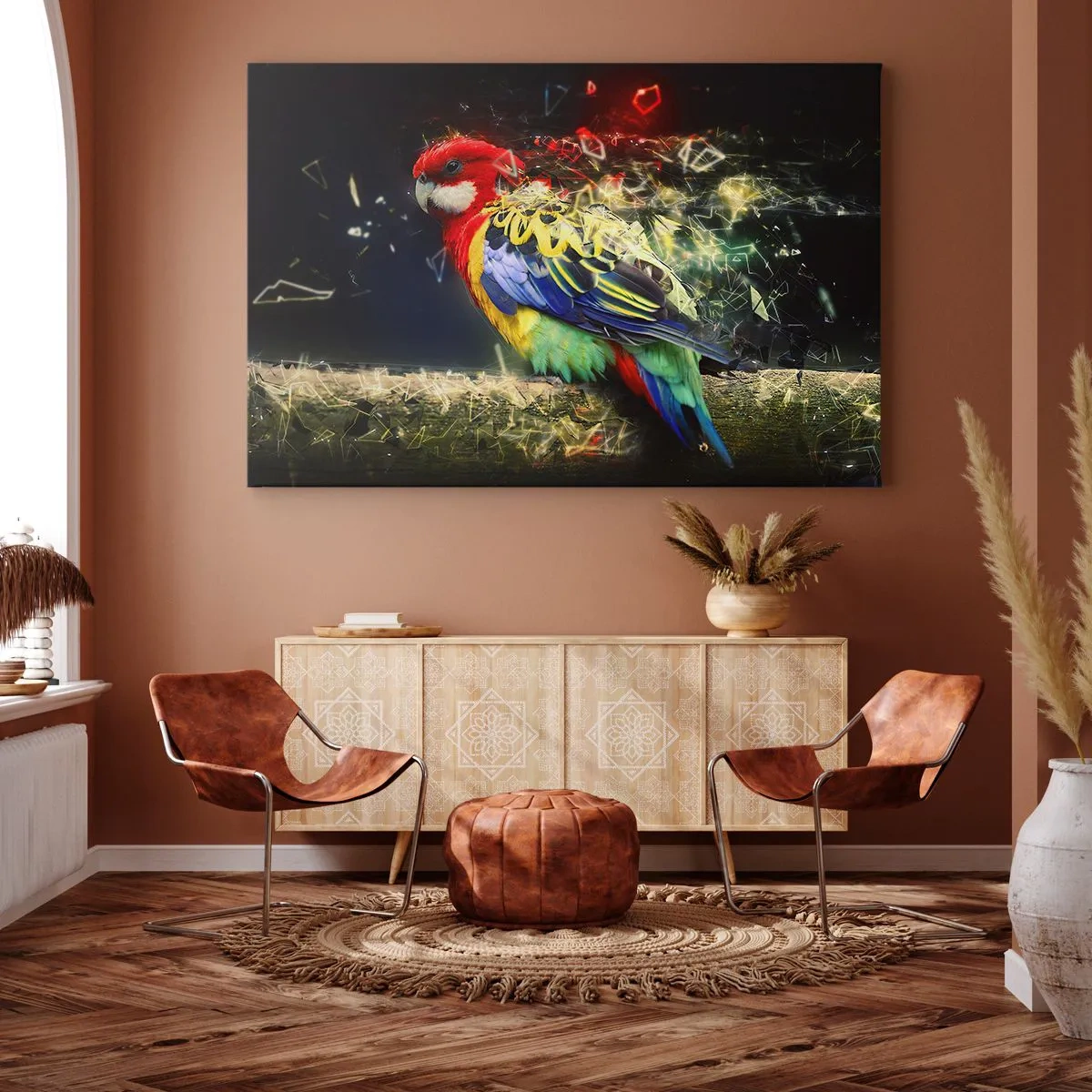 Canvastavla - Bild på duk - En papegoja i livfulla färger mot en bakgrund av ljuseffekter - 70x50cm - Skenets bud - Modern väggdekoration för vardagsrum och sovrum ARTTOR