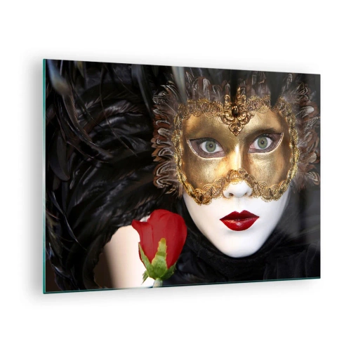 Glastavla - Bild på glas - Karnevalmask med en röd ros - 70x50cm - För livet är en stor fest - Modern väggdekoration för vardagsrum och sovrum ARTTOR