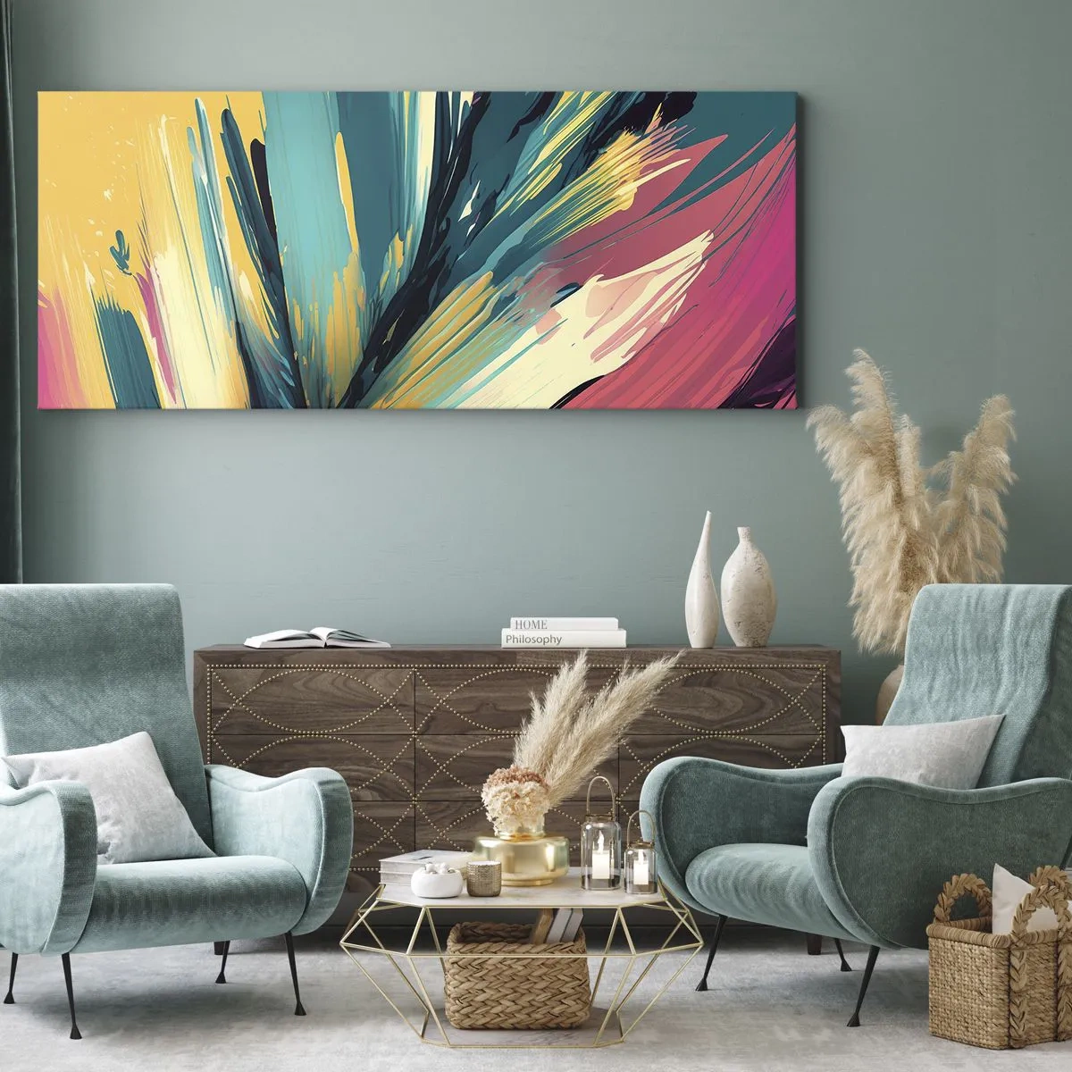 Canvastavla - Bild på duk - Komposition - en explosion av glädje - 100x40 cm