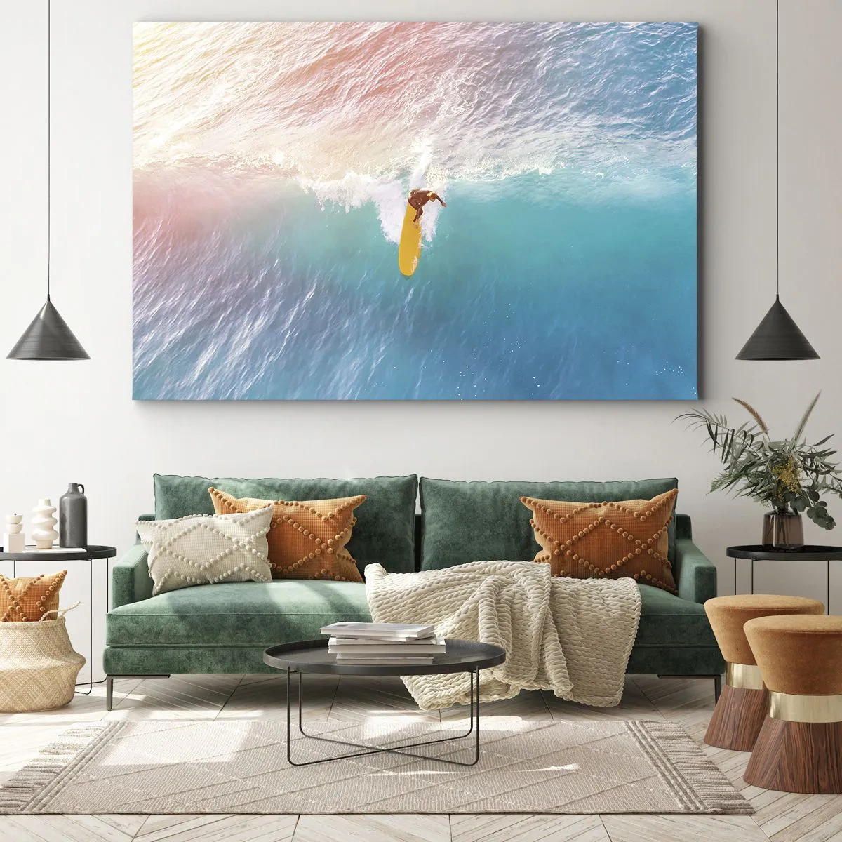 Canvastavla - Bild på duk - Surfare på en våg i pastellfärger - 70x50cm - Havsryttare - Modern väggdekoration för vardagsrum och sovrum ARTTOR