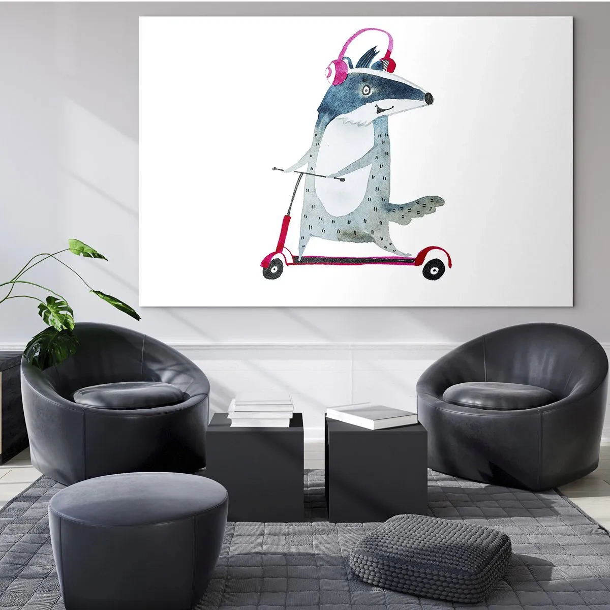 Glastavla - Bild på glas - Grävling med hörlurar på en akvarell scooter - 70x50cm - Grävlingens glädje - Modern väggdekoration för vardagsrum och sovrum ARTTOR