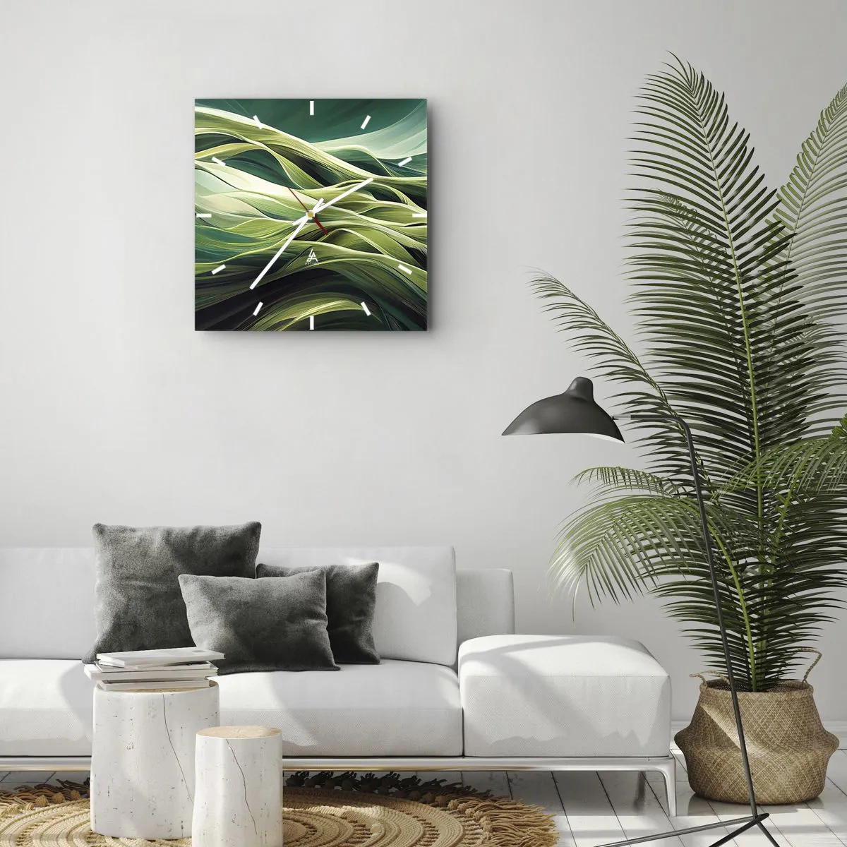 Väggklocka - Klocka på glas - Ett abstrakt spel med grönt - 40x40 cm