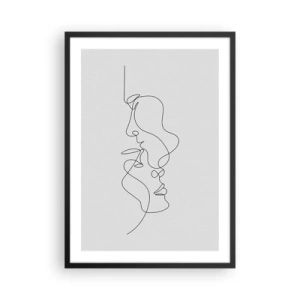 Affisch i svart ram - En minimalistisk kontur av två ansikten i svart mot en ljus bakgrund. - 50x70cm - Sentimentala lustens glöd - Modern väggdekoration för vardagsrum och sovrum ARTTOR