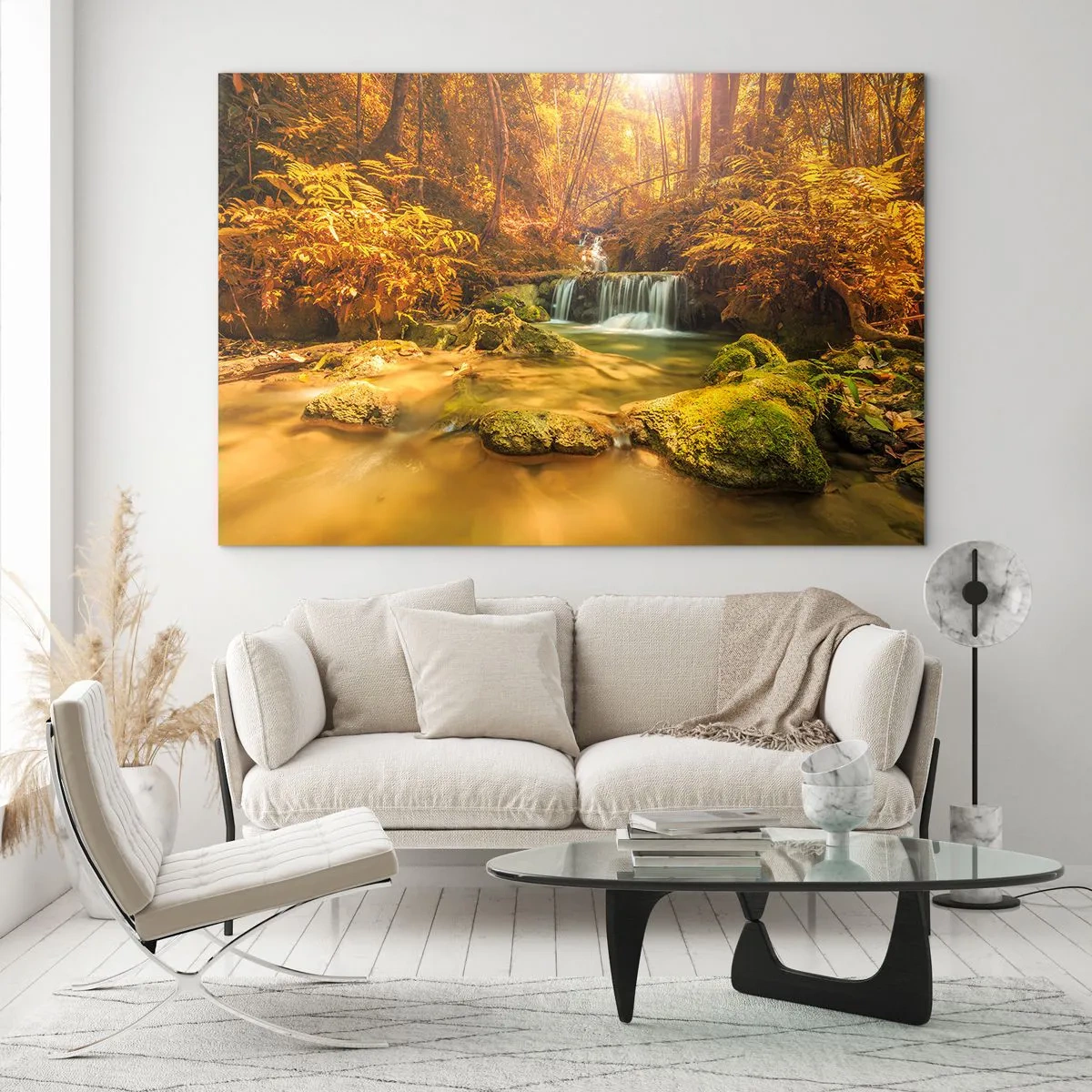 Glastavla - Bild på glas - Skogkaskad i gult - 120x80 cm