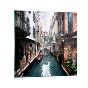 Glastavla - Bild på glas - Venedig-landskap med gondol och bro - 60x60 cm