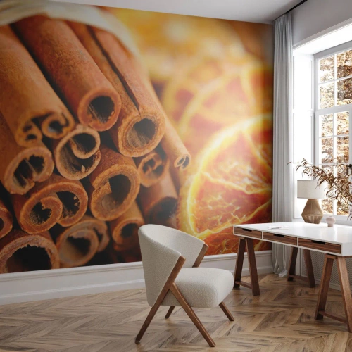 Självhäftande Fototapet Deluxe Sticker - Känner du deras arom? - Orange, Kanelstång, Kryddor - 450x315 cm