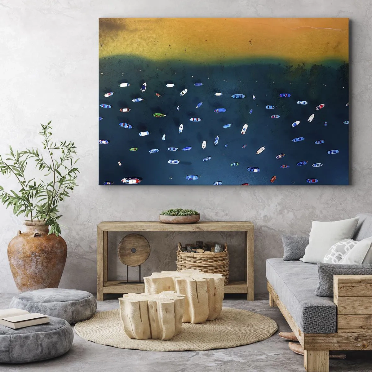 Canvastavla - Bild på duk - Flygfoto över båtar på vattnet och en sandstrand - 70x50cm - Ett semesterspel - Modern väggdekoration för vardagsrum och sovrum ARTTOR