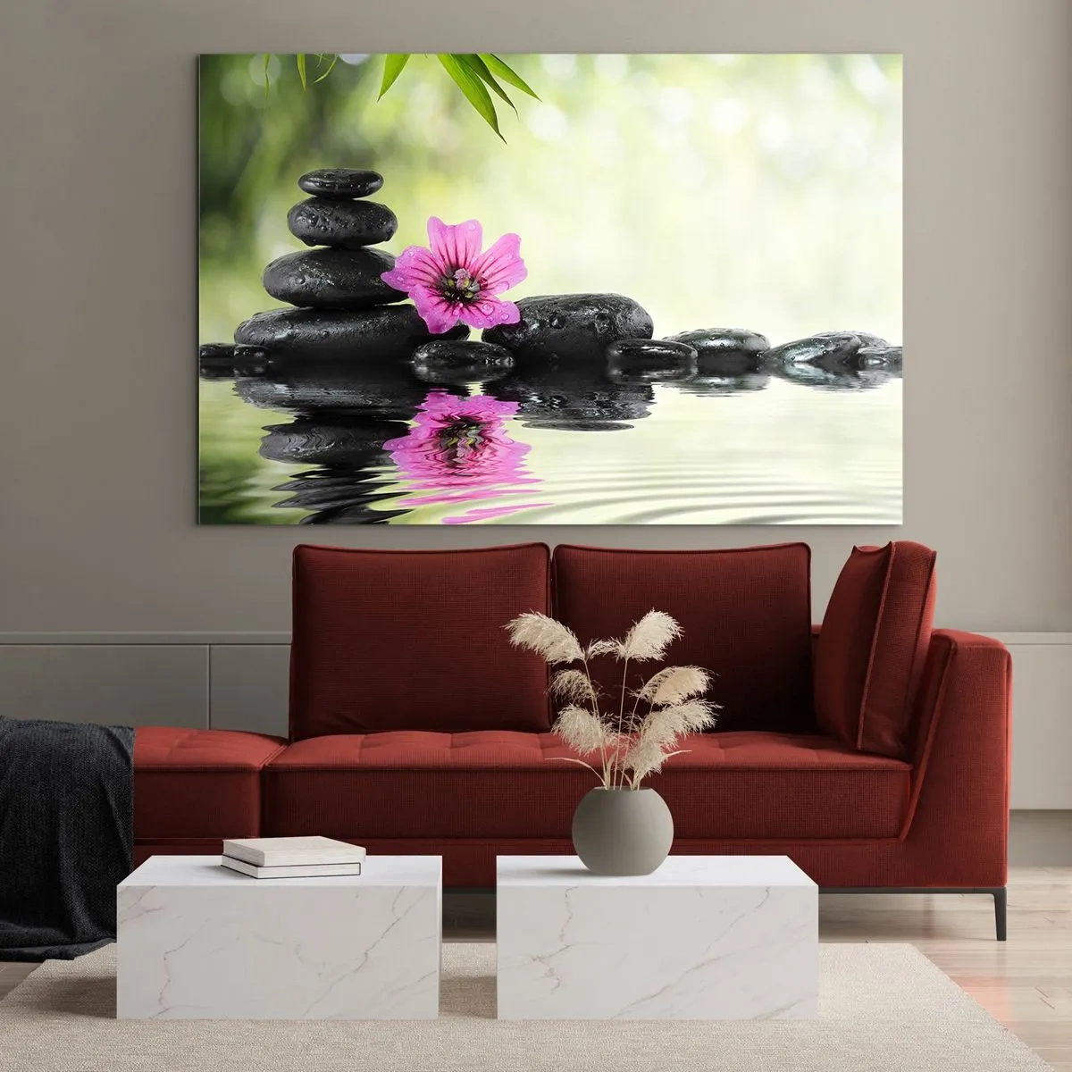 Glastavla - Bild på glas - Svarta stenar och en rosa blomma mot naturens bakgrund - 70x50cm - Tid för själen - Modern väggdekoration för vardagsrum och sovrum ARTTOR
