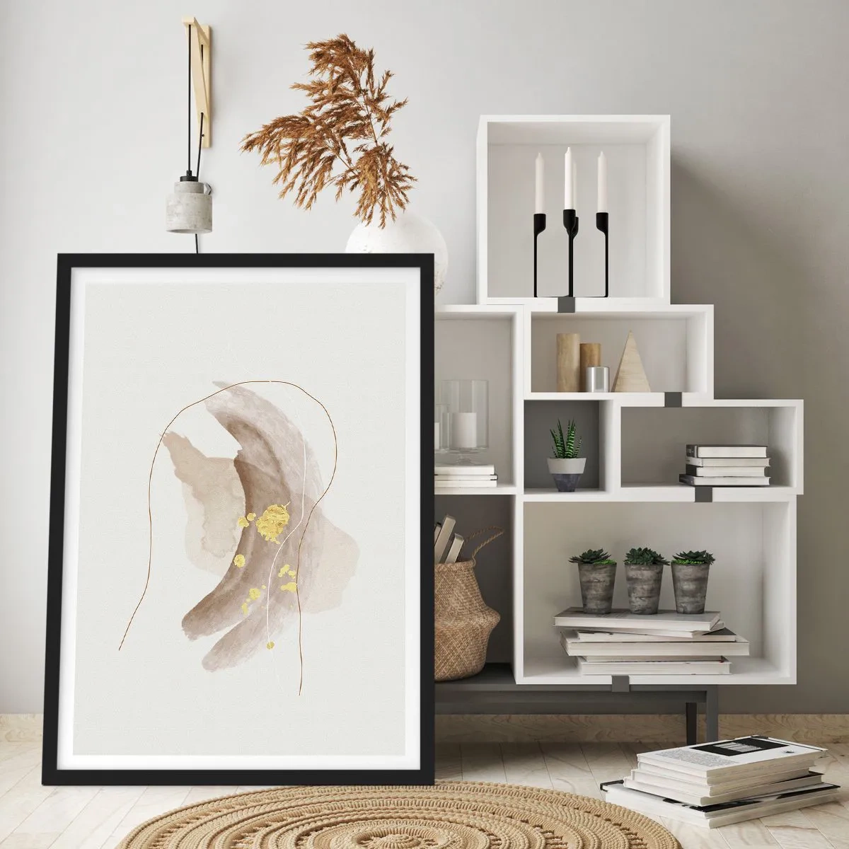 Affisch i svart ram - Ett abstrakt mönster i beige med fina guldfärgade accenter. - 50x70cm - Träffat i rummet - Modern väggdekoration för vardagsrum och sovrum ARTTOR