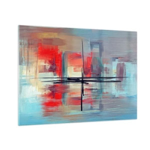 Glastavla - Bild på glas - En färgglad abstraktion med rött och blått, inspirerad av ett landskap. - 70x50cm - Landskap i en okänd dimension - Modern väggdekoration för vardagsrum och sovrum ARTTOR