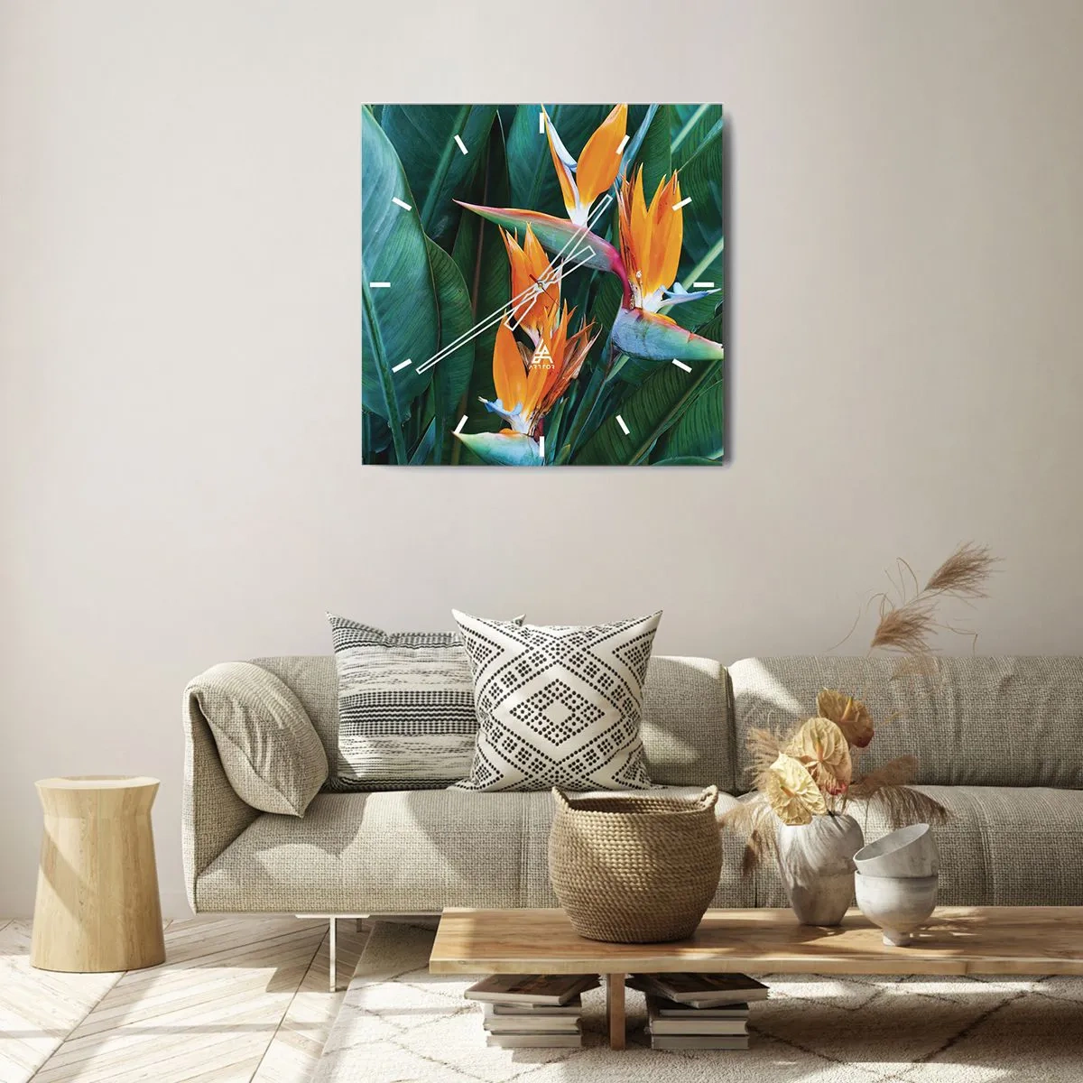 Väggklocka - Klocka på glas - Är det en blomma, eller en fågel? - 30x30 cm