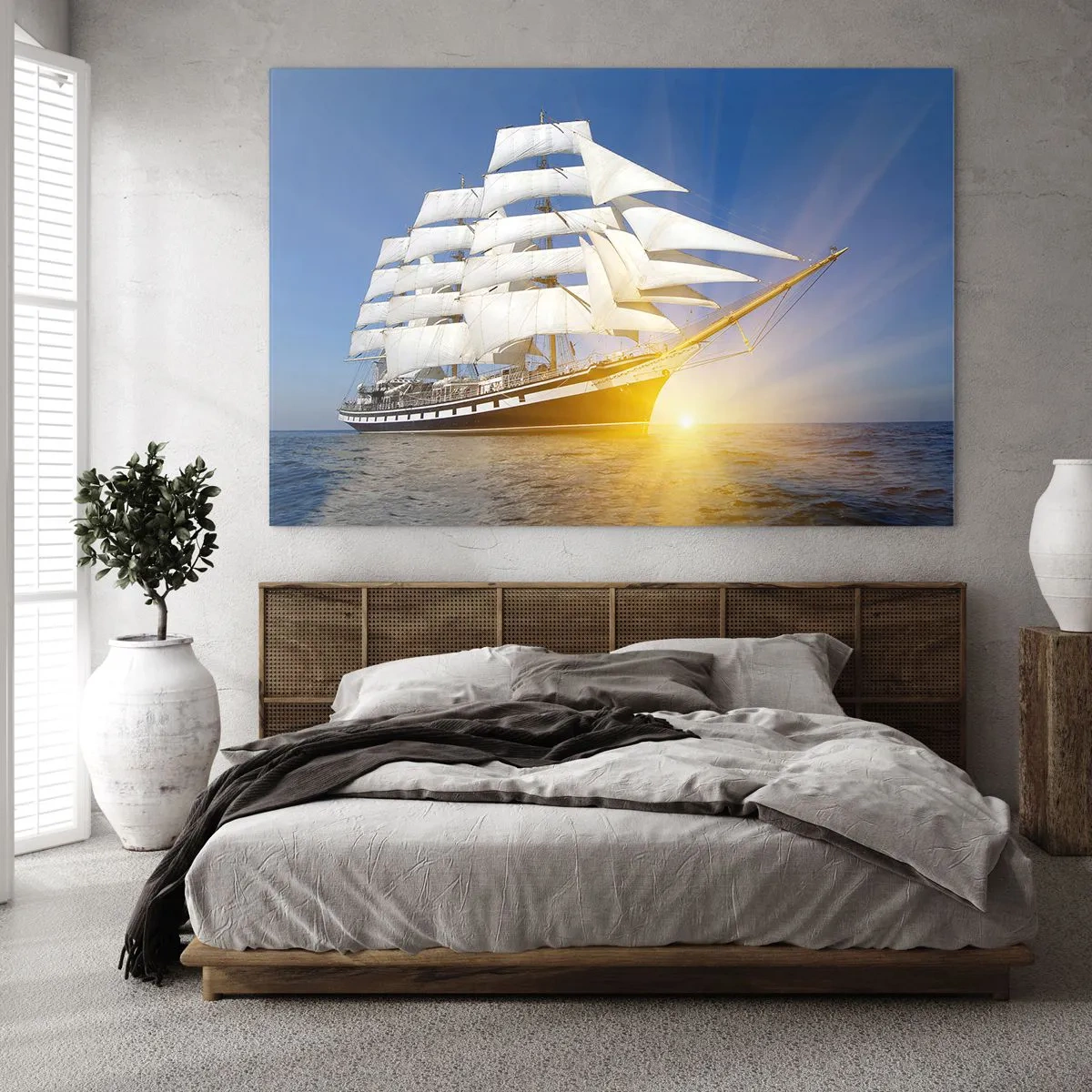 Glastavla - Bild på glas - Ett segelfartyg upplyst av solens strålar i öppet hav - 70x50cm - Deras tid blir aldrig förbi - Modern väggdekoration för vardagsrum och sovrum ARTTOR