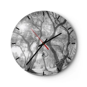 Väggklocka - Klocka på glas - Svarta och vita träd i solljuset i skogen - 30x30cm - I en olivlund - Modern väggdekoration för vardagsrum, kök och sovrum ARTTOR