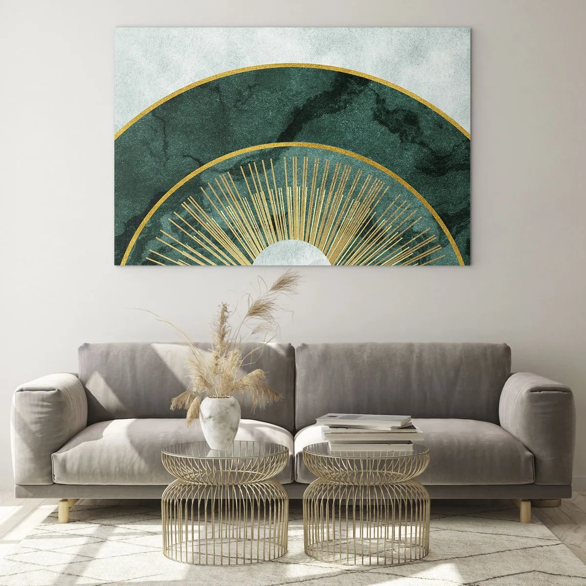 Glastavla - Bild på glas - Gyllene strålar mot en bakgrund av gröna halvcirklar med en marmorstruktur - 70x50cm - Ett annorlunda solsystem - Modern väggdekoration för vardagsrum och sovrum ARTTOR