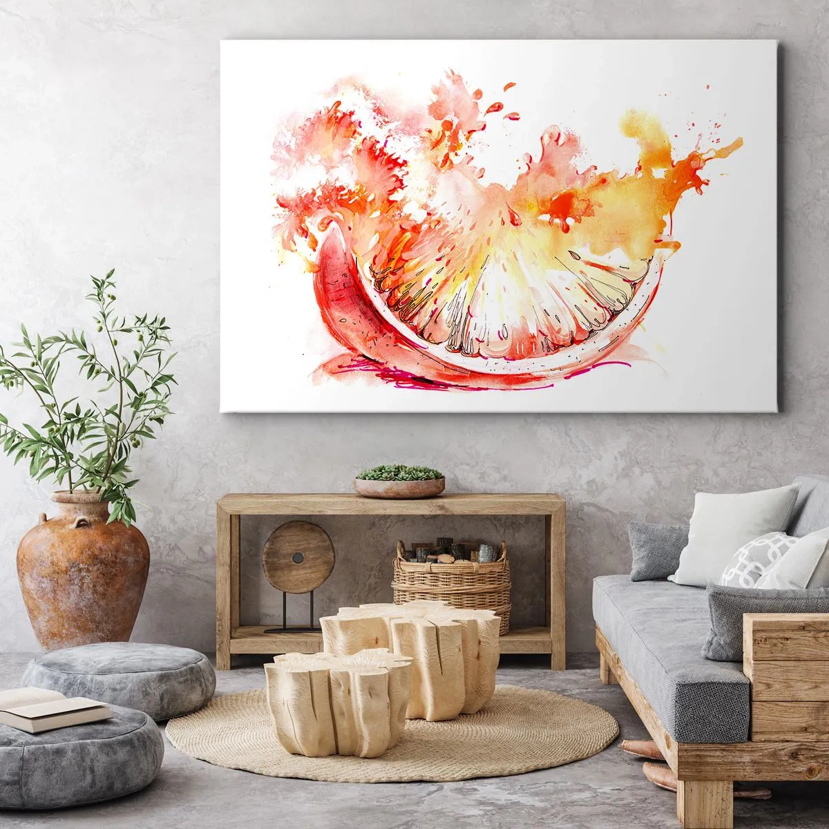 Canvastavla - Bild på duk - En akvarell skiva grapefrukt i livfulla färger - 70x50cm - Saftig uppfriskning - Modern väggdekoration för vardagsrum och sovrum ARTTOR