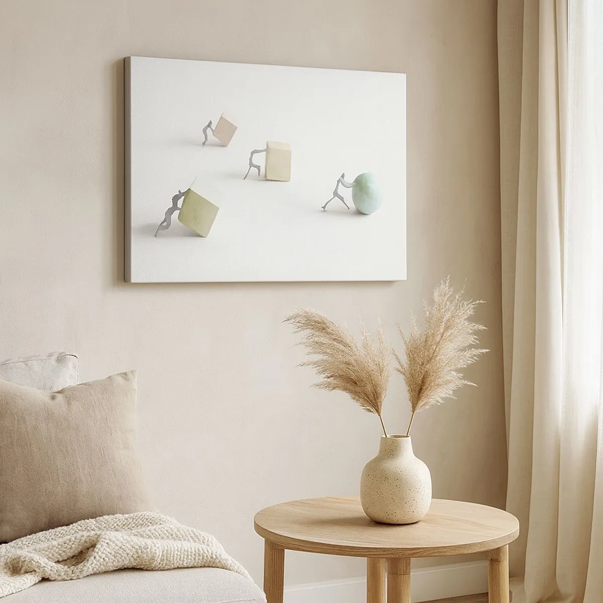 Canvastavla - Bild på duk - Miniatyrfigurer som trycker former mot en ljus bakgrund - 70x50cm - Livet leker - Modern väggdekoration för vardagsrum och sovrum ARTTOR