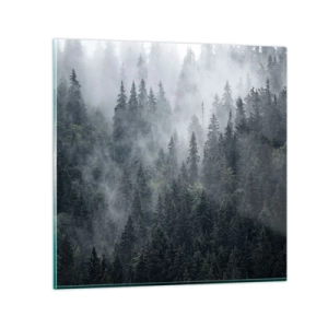 Glastavla - Bild på glas - Gryning i skogen - 70x70 cm