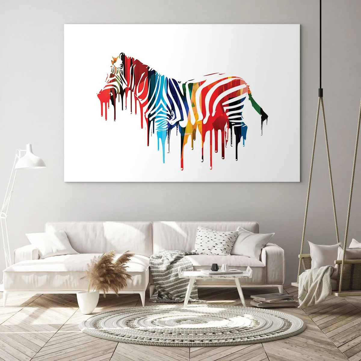 Glastavla - Bild på glas - En färgglad zebra i abstrakt form med en droppande färgeffekt. - 70x50cm - Inte bara svart-vitt - Modern väggdekoration för vardagsrum och sovrum ARTTOR