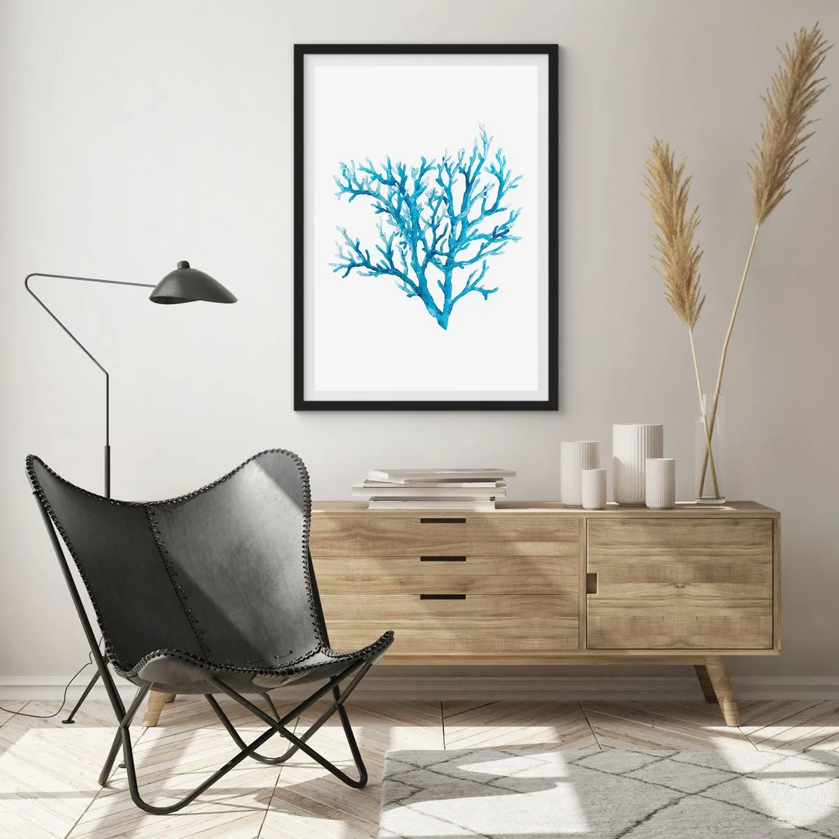 Affisch i svart ram - Blå korall i akvarellstil på vit bakgrund - 50x70cm - Marin filigran - Modern väggdekoration för vardagsrum och sovrum ARTTOR