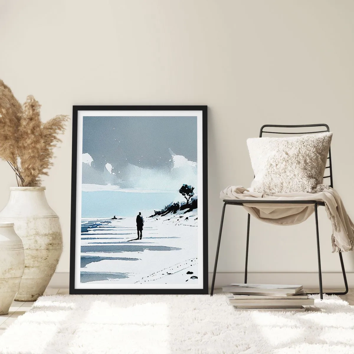 Affisch i svart ram - En ensam figur på stranden i akvarelltoner - 50x70cm - Ensam - Modern väggdekoration för vardagsrum och sovrum ARTTOR