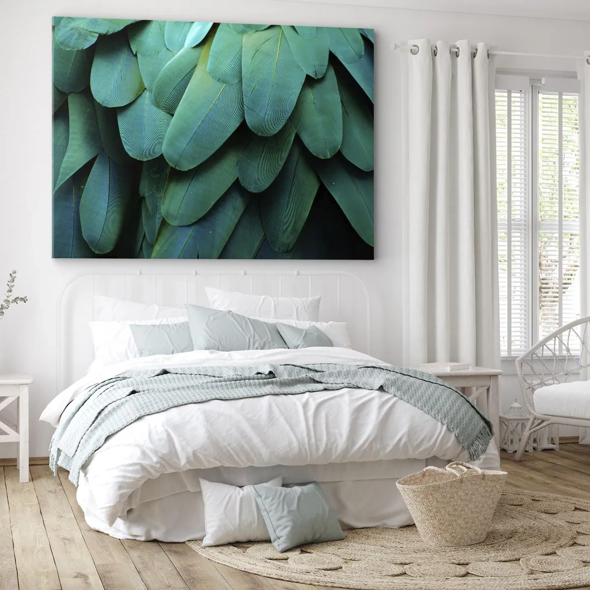 Canvastavla - Bild på duk - Fjäderdetaljer i gröna nyanser - 70x50cm - Precision av papegojans natur - Modern väggdekoration för vardagsrum och sovrum ARTTOR
