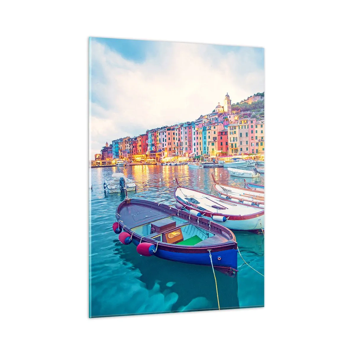 Glastavla - Bild på glas - Färgglad kväll i hamnen - 50x70 cm