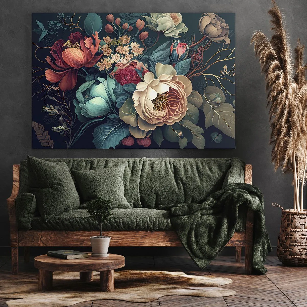 Canvastavla - Bild på duk - En färgglad blomkomposition mot en mörk bakgrund - 70x50cm - Charm från 1800-talet - Modern väggdekoration för vardagsrum och sovrum ARTTOR
