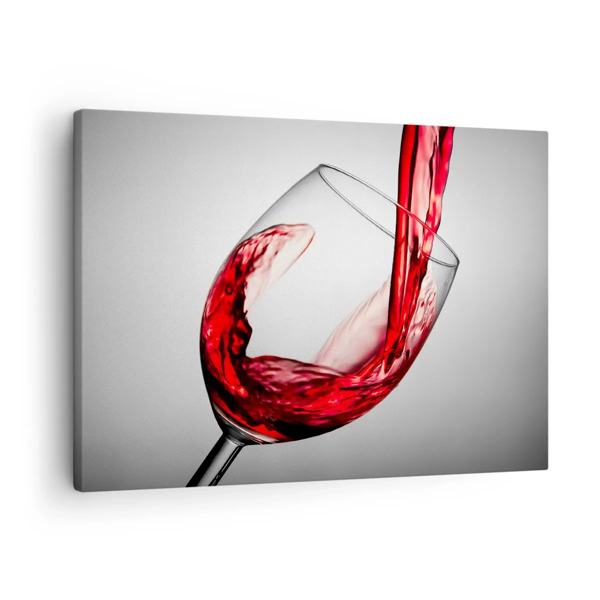Canvastavla - Bild på duk - Ett glas rött vin som hälls upp mot en ljus bakgrund - 70x50cm - Färg - rörelse - ljud - Modern väggdekoration för vardagsrum och sovrum ARTTOR