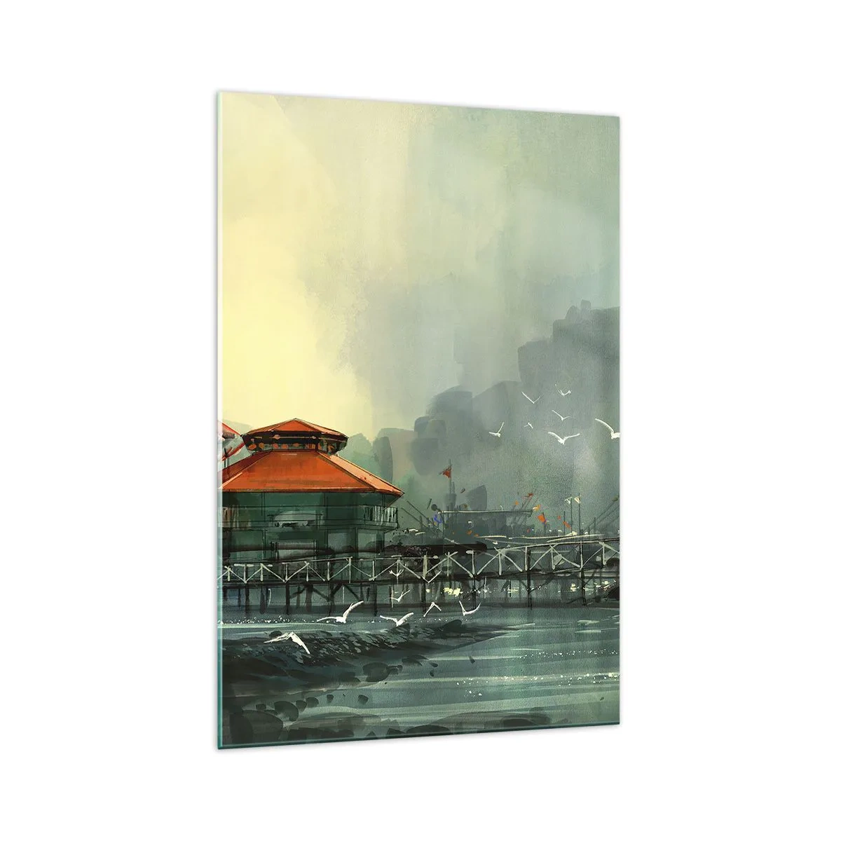 Glastavla - Bild på glas - Duggig dag i hamnen - 70x100 cm