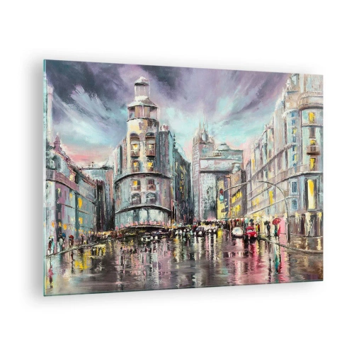 Glastavla - Bild på glas - En stadsgata i regnet med en spektakulär reflektion av ljusen - 70x50cm - Det blir en lyckad kväll - Modern väggdekoration för vardagsrum och sovrum ARTTOR