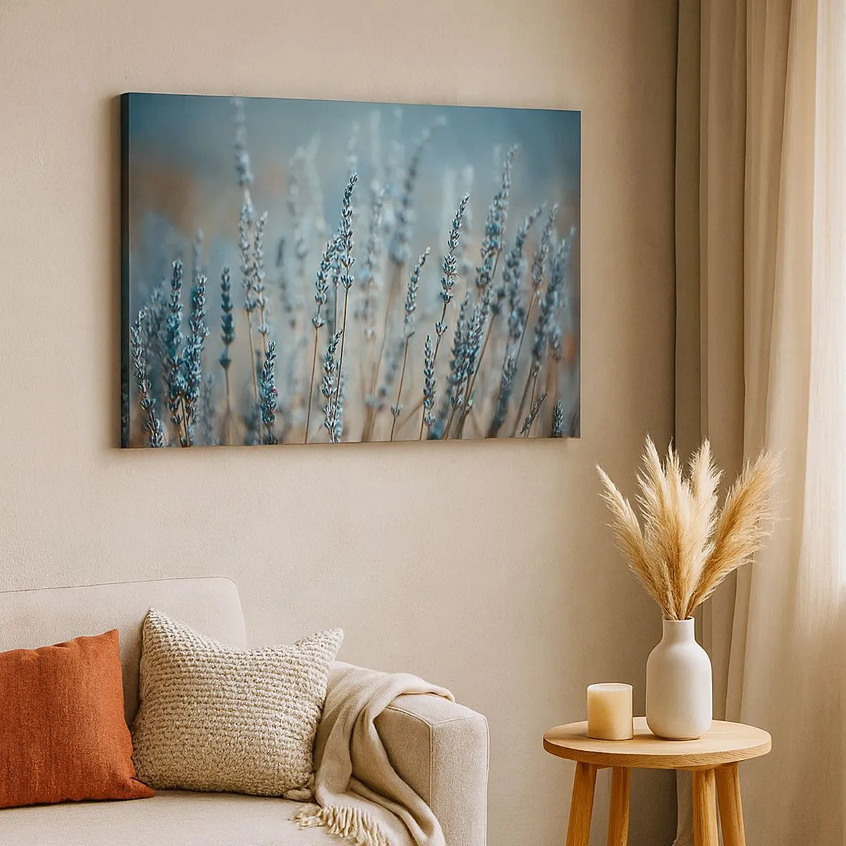 Canvastavla - Bild på duk - Lavendel på fältet i subtila pastellfärger - 70x50cm - Doftande åkermark - Modern väggdekoration för vardagsrum och sovrum ARTTOR
