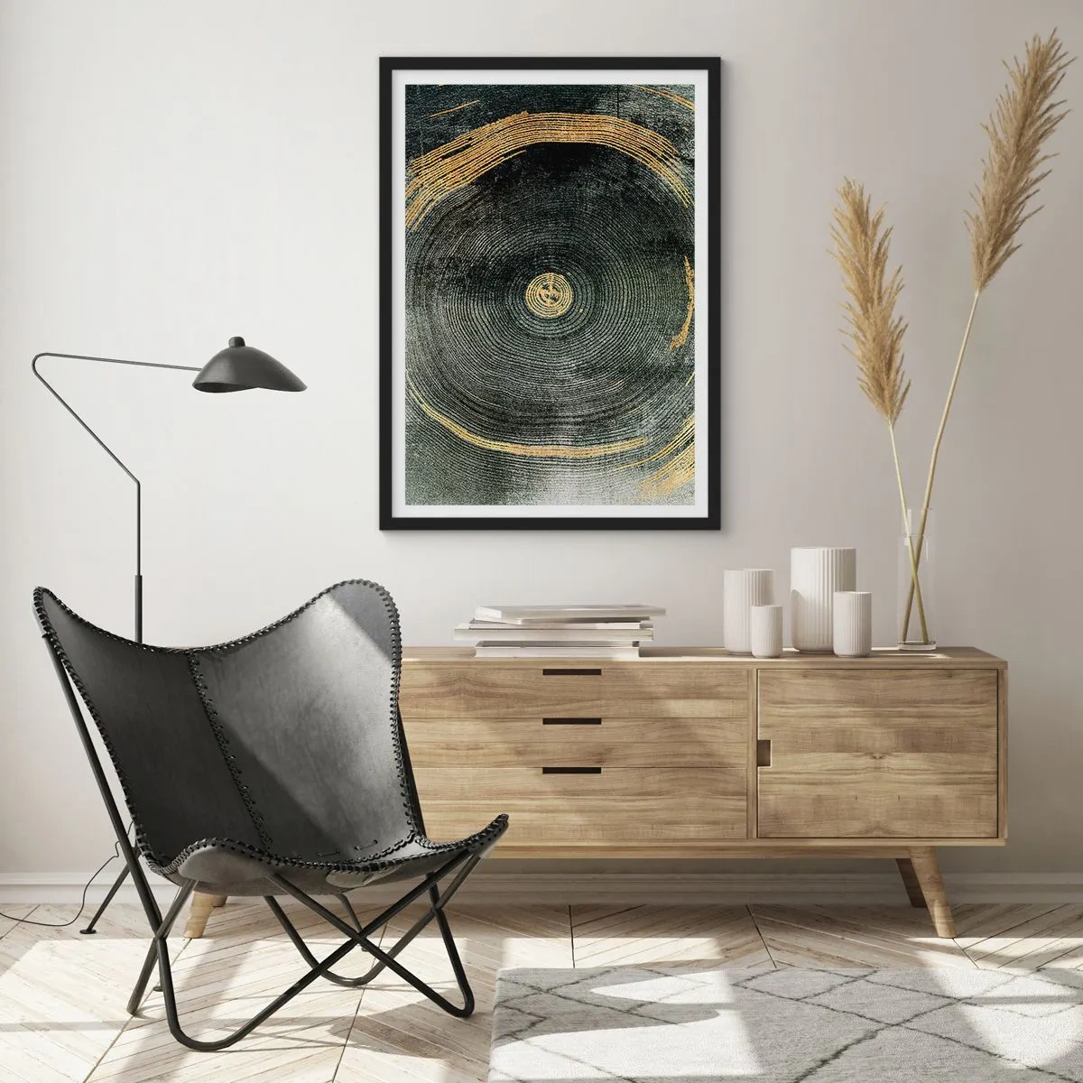 Affisch i svart ram - Abstrakt träådring i guld- och svarta toner - 50x70cm - Förändring och varaktighet - Modern väggdekoration för vardagsrum och sovrum ARTTOR