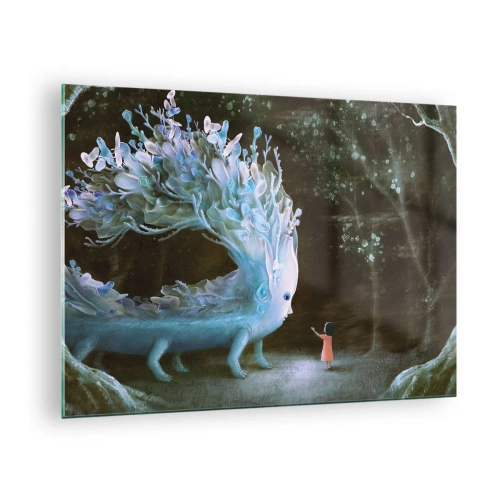 Glastavla - Bild på glas - En flicka möter en magisk varelse i skogen. - 70x50cm - Fantastiskt möte - Modern väggdekoration för vardagsrum och sovrum ARTTOR