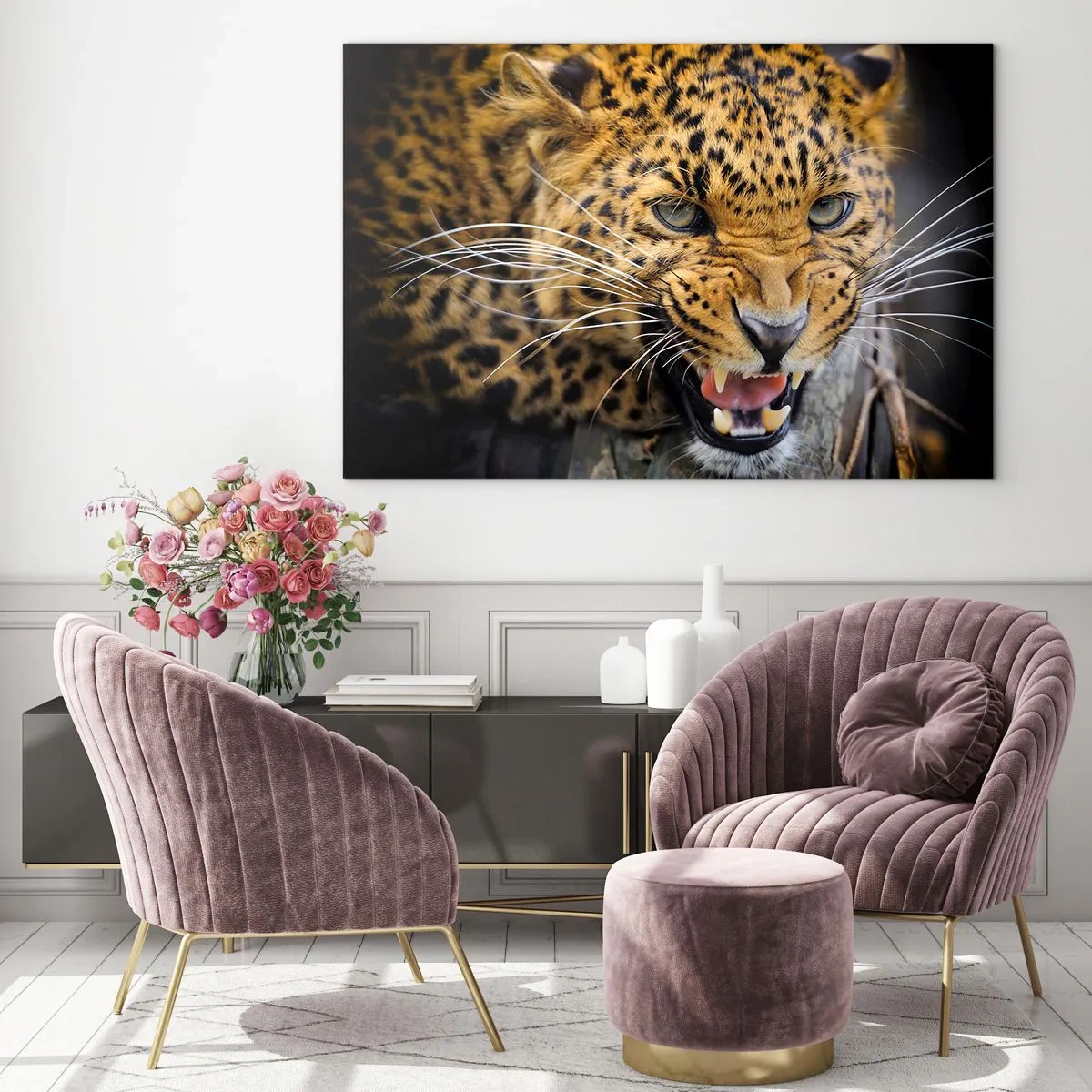 Glastavla - Bild på glas - Närbild av en aggressiv leopard med tydliga detaljer - 70x50cm - Gå inte fram, jag varnar! - Modern väggdekoration för vardagsrum och sovrum ARTTOR