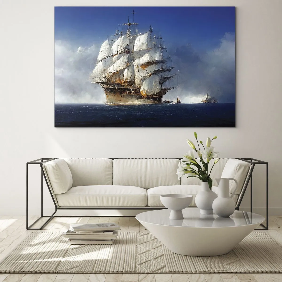 Glastavla - Bild på glas - Ett segelfartyg på öppet hav mitt i havsdimma - 70x50cm - The great glory! - Modern väggdekoration för vardagsrum och sovrum ARTTOR