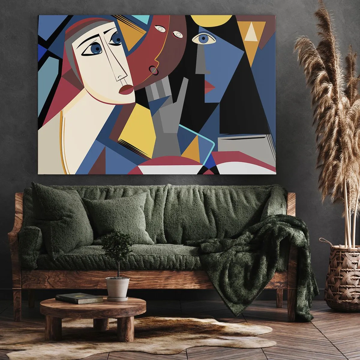 Canvastavla - Bild på duk - Kubistiska ansikten i intensiva färger - 70x50cm - Kubistiskt samtal - Modern väggdekoration för vardagsrum och sovrum ARTTOR