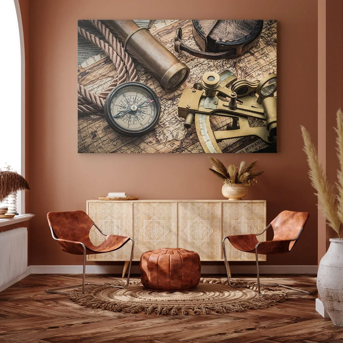 Canvastavla - Bild på duk - En kompass, sextant och teleskop mot bakgrund av en gammal karta och ett nautiskt rep. - 70x50cm - Sätt ut kursen - Modern väggdekoration för vardagsrum och sovrum ARTTOR