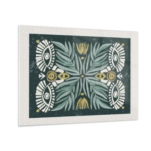 Glastavla - Bild på glas - En symmetrisk komposition av löv och mönster i folkstil - 70x50cm - Som ett folkligt mönster - Modern väggdekoration för vardagsrum och sovrum ARTTOR