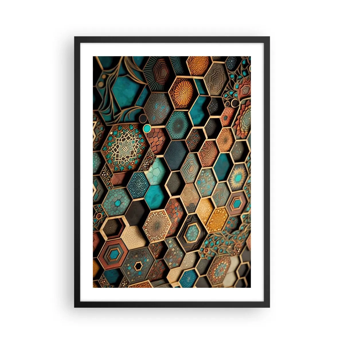 Affisch i svart ram - En geometrisk komposition av hexagoner i en guld- och turkospalett. - 50x70cm - Arabiska ornament - en variation - Modern väggdekoration för vardagsrum och sovrum ARTTOR