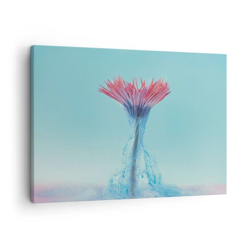 Canvastavla - Bild på duk - En rosa och blå blomma i ett konstnärligt arrangemang mot en pastellfärgad bakgrund - 70x50cm - I upplivande famn - Modern väggdekoration för vardagsrum och sovrum ARTTOR