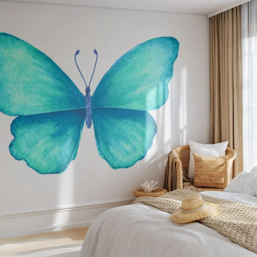 Fototapet Standard Eco - Akvarell blå fjäril på en vit bakgrund - 100x70cm - Naturlig turkos - Modern väggdekoration för vardagsrum och sovrum ARTTOR