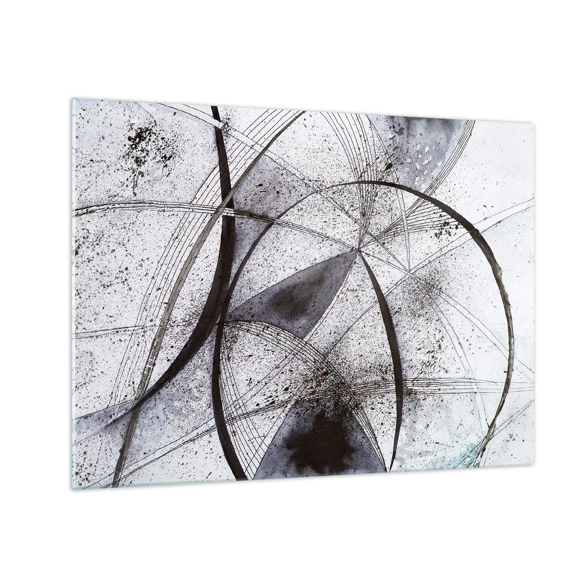 Glastavla - Bild på glas - En svartvit komposition av korsande linjer och geometriska bågar. - 70x50cm - Futuristisk fantasi - Modern väggdekoration för vardagsrum och sovrum ARTTOR
