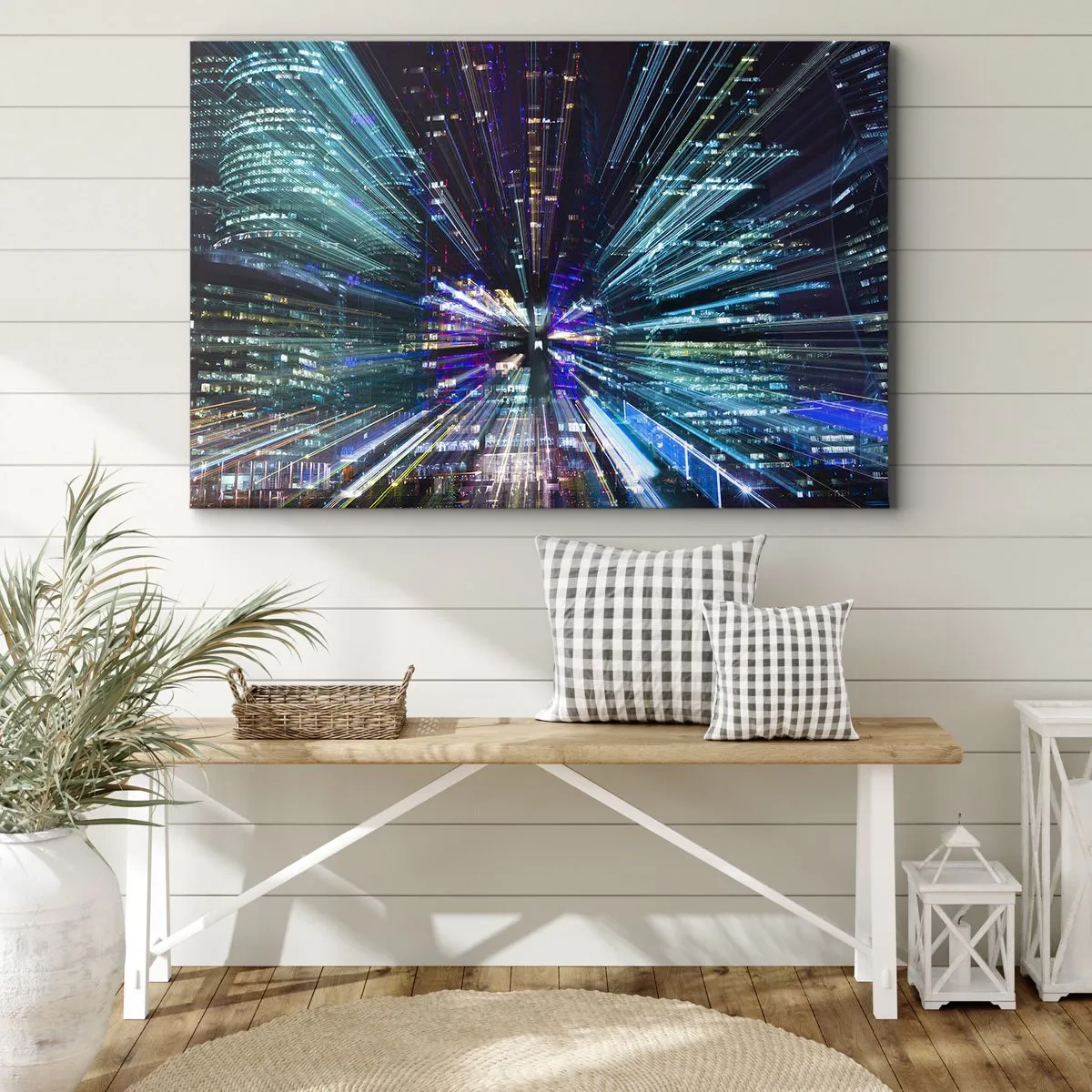 Canvastavla - Bild på duk - Dynamisk vy över staden på natten med en ljuseffekt - 70x50cm - Övergång till hyperrymden - Modern väggdekoration för vardagsrum och sovrum ARTTOR